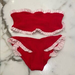 Hunza G Red Ruffle Bikini Set with Pink Trim